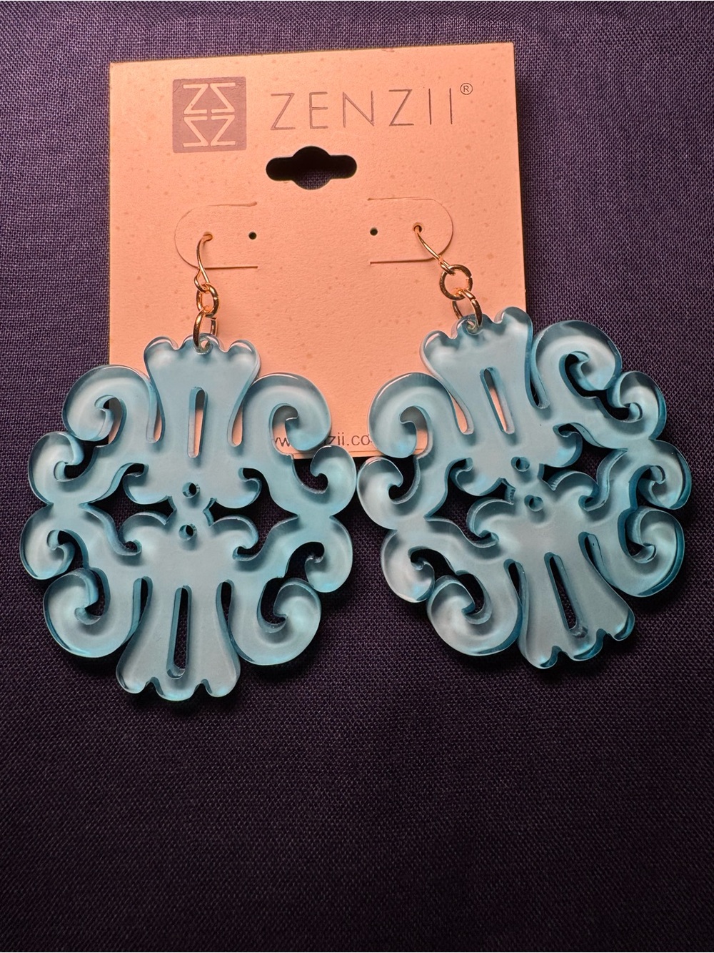 Zenzii Light Blue Filigree Acrylic Drop Earrings